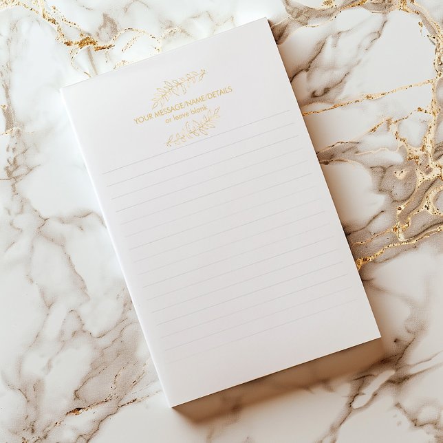 Folha Dourada, bloco de notas revestido de uma pla (Minimalist lined notepad with gold botanical header and space for a custom message.)