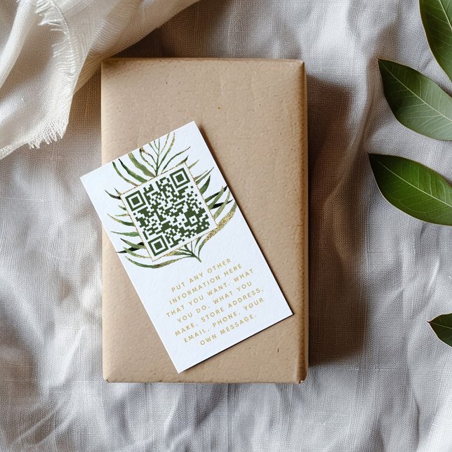 Folha e cartão de inserção de código QR para pedid (Customer order insert card with a green and gold palm leaf with qr code inside and message below)