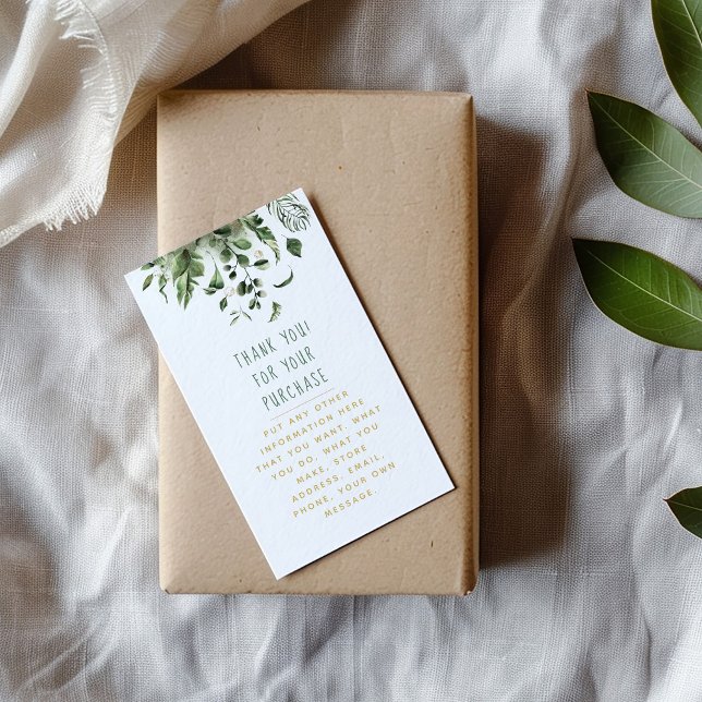 Folha e plantas inserem Cartão para pedidos de cli (Leafs and plants with thank you message in green and gold enclosure card.)