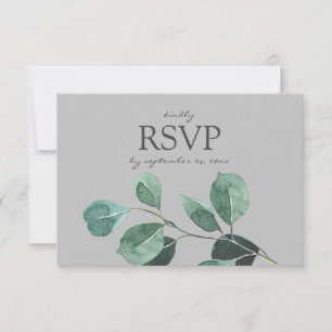 Folha Eucalyptus cinza com placa RSVP de opções de