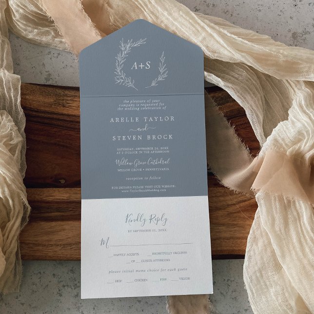 Folha Mínima | Casamento Azul e Branco (Minimal Leaf | Blue and White Wedding All In One Invitation)