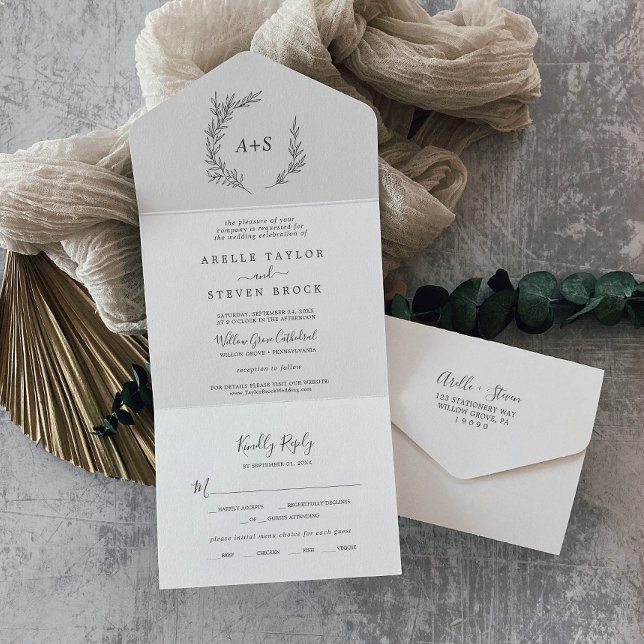 Folha Mínima | Casamento Cinza Escuro (Minimal Leaf | Dark Gray Wedding All In One Invitation)