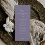 Folha mínima | Menu de Janto de Casamento Lavanda<br><div class="desc">Este cartão de cardápio de lavanda de folha é perfeito para um casamento de boho. A design apresenta uma simples silhueta verde de folha em púrpura lilás pastel com estilo minimalista de jardim boêmico. Este menu pode ser usado para recepção de casamento,  janto de ensaio ou qualquer evento.</div>