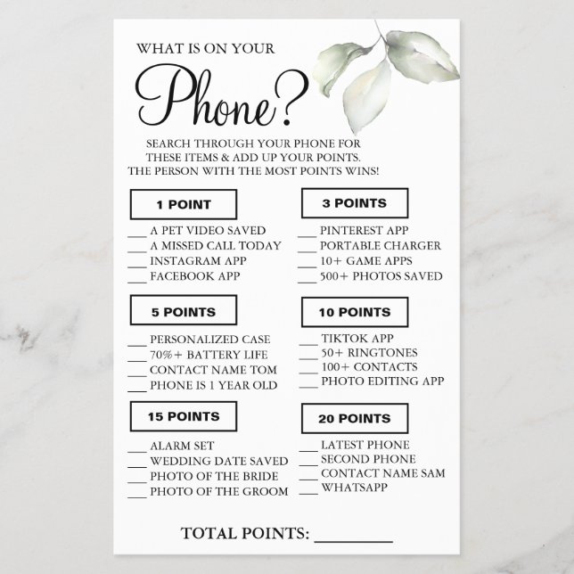 Folha O que está no seu cartão de Chá telefônico (Frente)