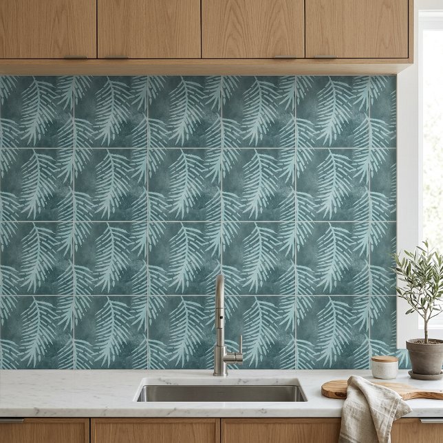 Folha Tropical Verde Água-Marinha (Teal Green Watercolor Tropical Leaf Ceramic Tile)