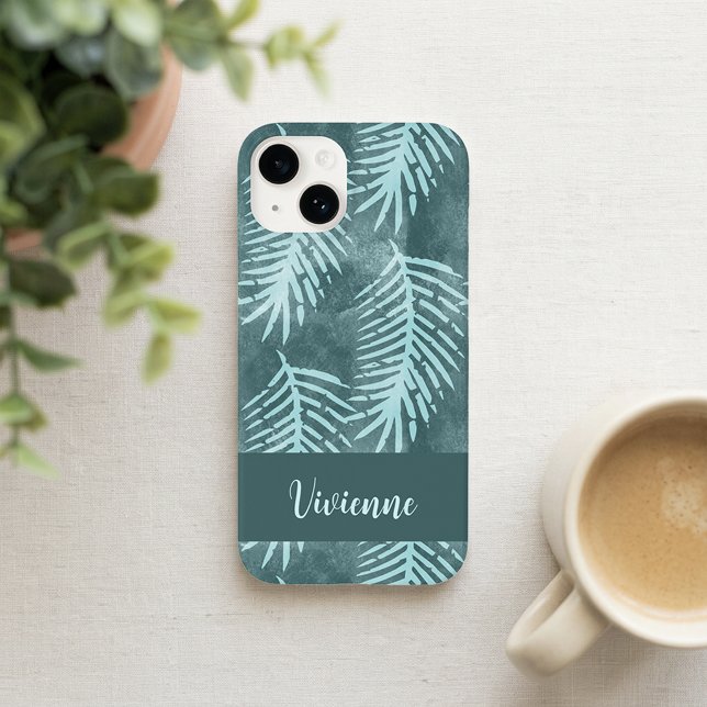 Folha Tropical Verde Água-Marinha Nome (Teal Green Watercolor Tropical Leaf Name Case-Mate iPhone 14 Case)