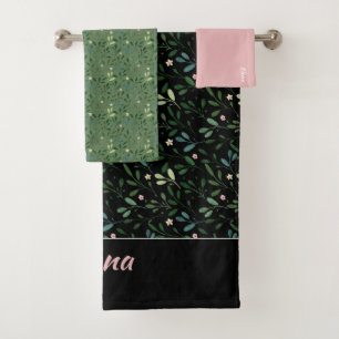 Folha verde padrão nome preto toalha de banho rosa
