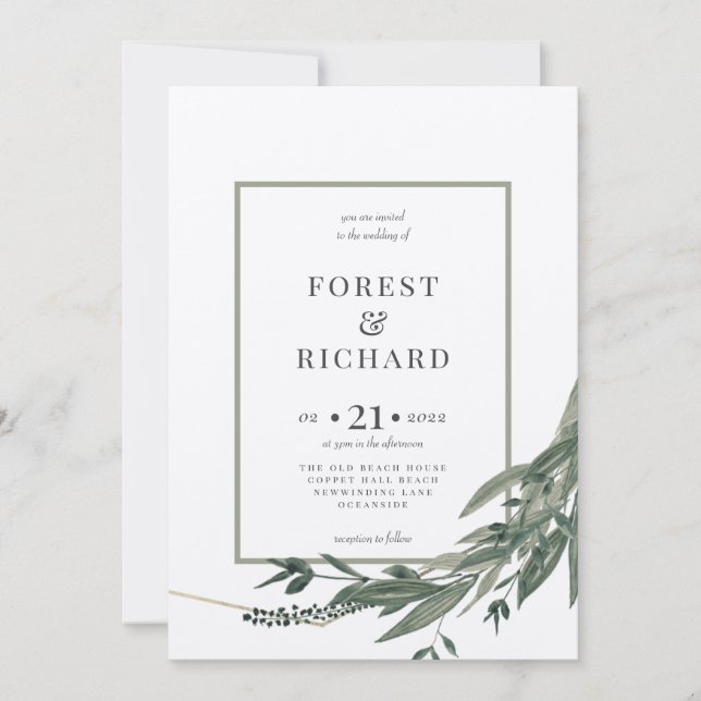 Folhagem clássica, polígono, convite para aquarela (Frente)