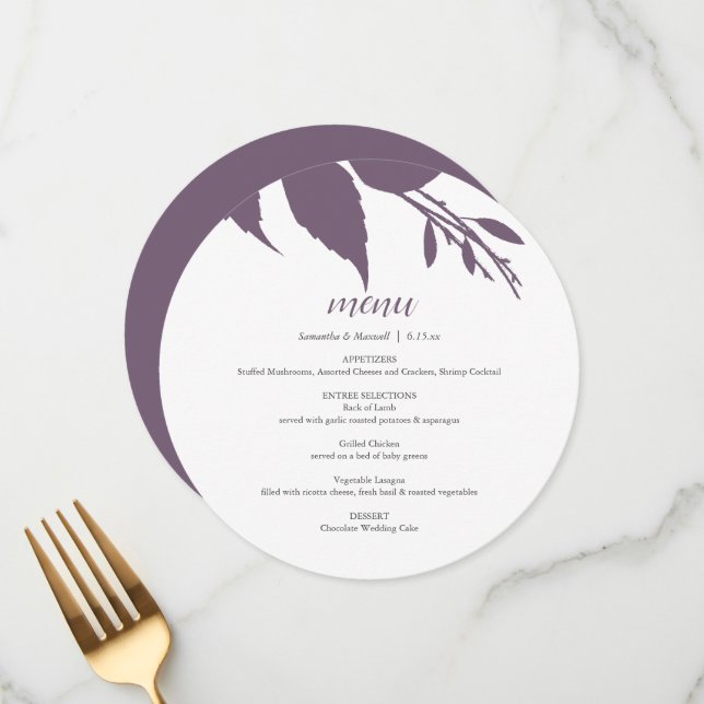 Folhagem de Queda Plum Purple Round Menu Card (Frente/Verso In Situ)