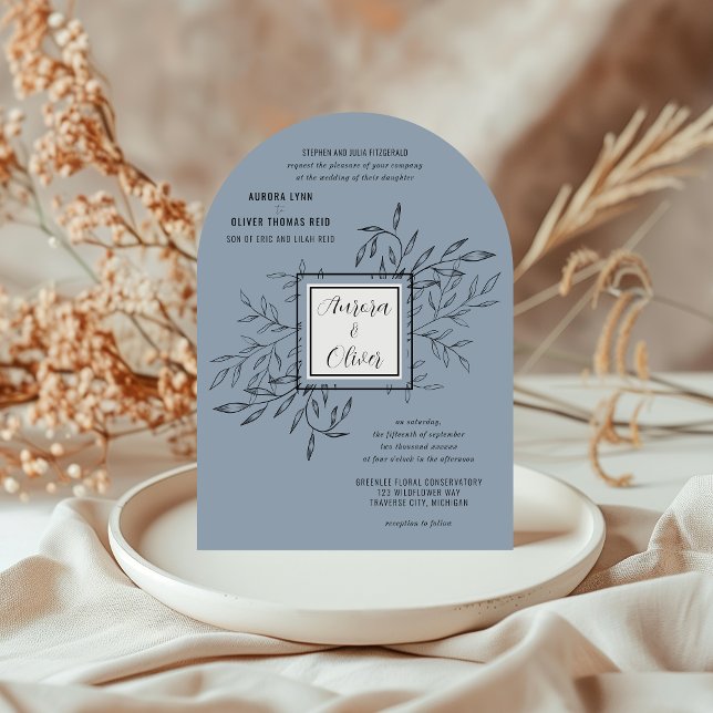 Folhagem Delicada | Convite de casamento Dusty Blu (Criador carregado)