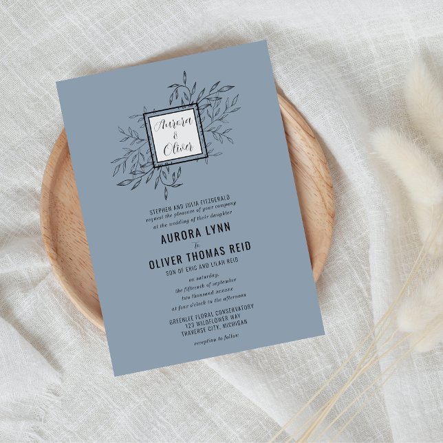 Folhagem Delicada | Dusty Blue | Convite de casame (Criador carregado)