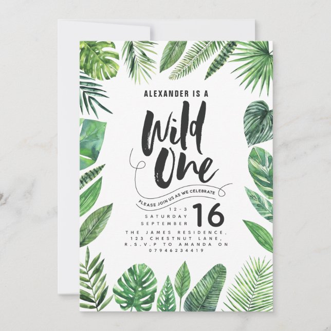 Folhagem tropical + texto de script selvagem de um (Frente)