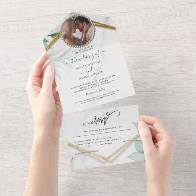 Folhagem Verde Brilho Dourado Casamento (Aba destacável)
