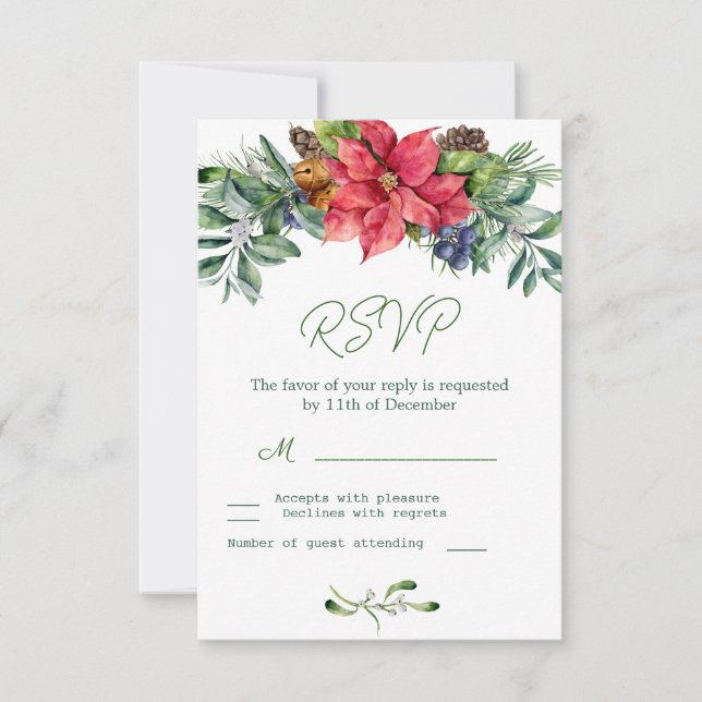 Folhagem Verde de Poinsettia RSVP de Casamento (Frente)