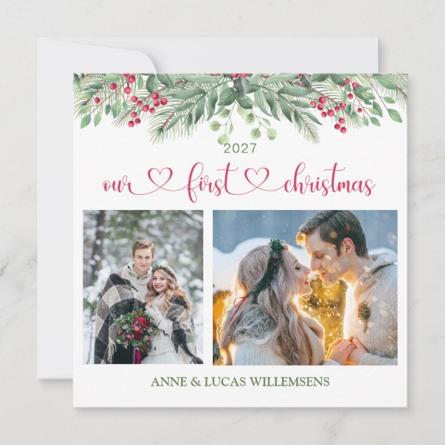 Folhagem Verde Vermelho Berry Nossa Foto De Natal  (Frente)