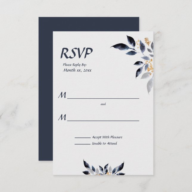 Folhas Azuis com RSVP de Casamento Dourado (Frente/Verso)