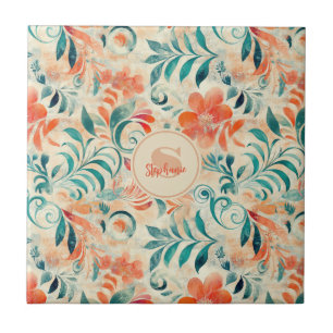 Folhas Azuis Russas e Padrão Floral Vermelho-Laran