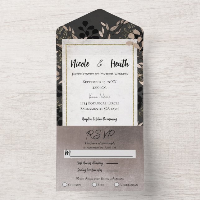 Folhas Botânicas Chic Cinza Beijo Dourado Casament (Interno)