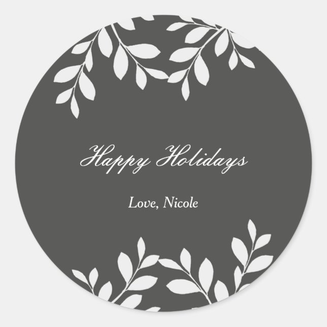 Folhas brancas e Cinza adesivo botânico moderno (Frente)