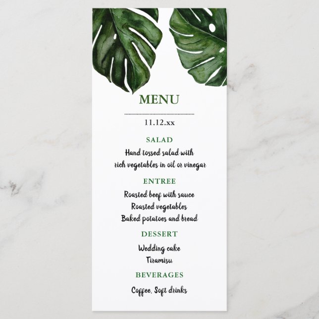 Folhas de Aquarela Monstera Tropicais | Menu Casam (Frente)