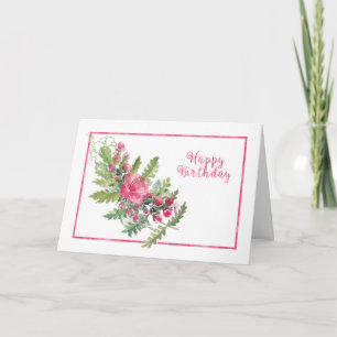 Folhas de Aquarelas e Flores Rosa Cartão de Aniver
