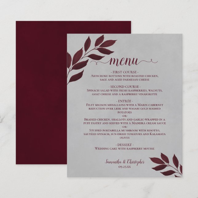 Folhas de Borgonha no Menu de Casamento do Orçamen (Frente/Verso)