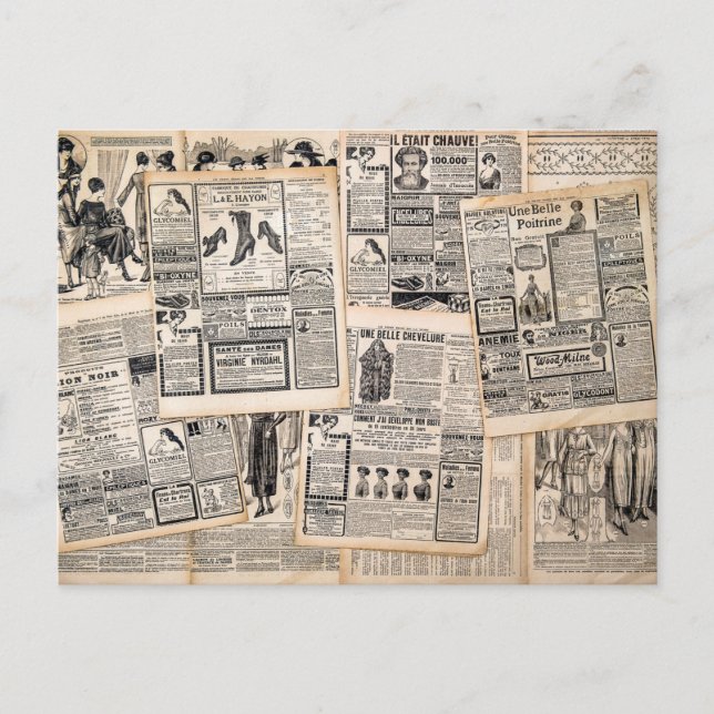 Folhas de Decoupage de Anúncios de Jornais Antigos (Frente)