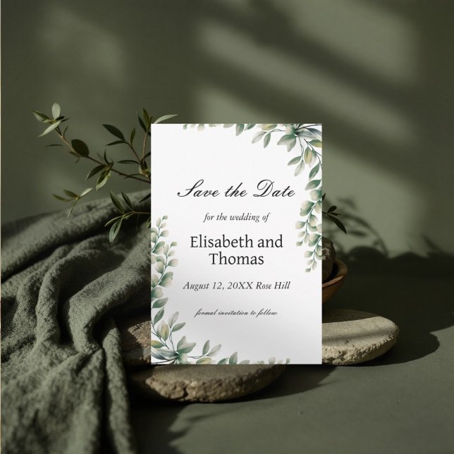 Folhas de eucalipto botânico salvam cartão de data (Criador carregado)