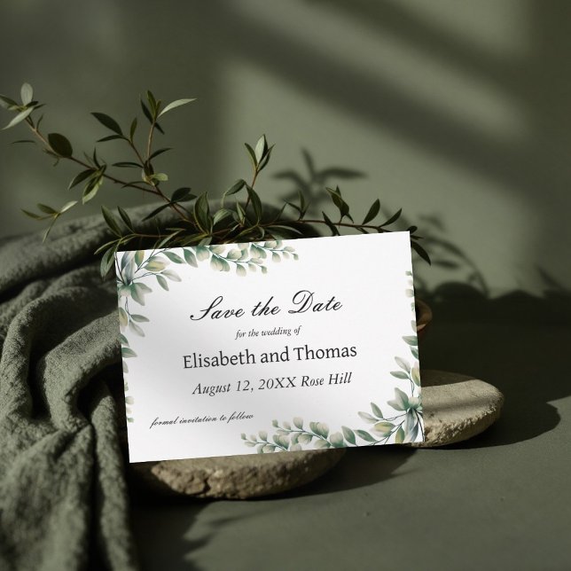 Folhas de eucalipto botânico salvam cartão de data (Criador carregado)