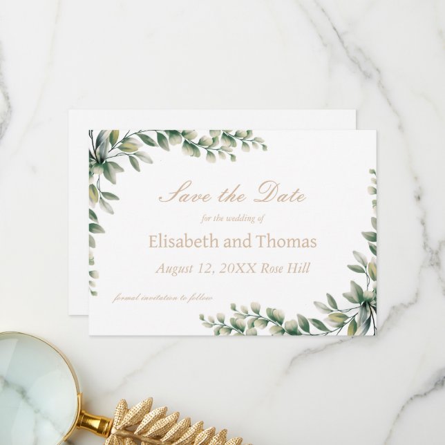 Folhas de eucalipto botânico salvam cartão de data (Frente/Verso In Situ)