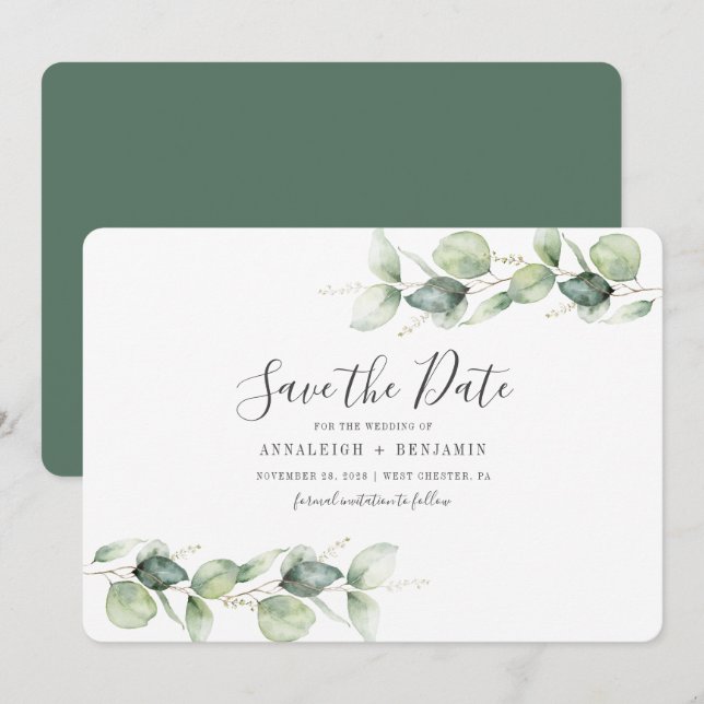 Folhas de Eucalipto Cartão de Save The Date de Cas (Frente/Verso)