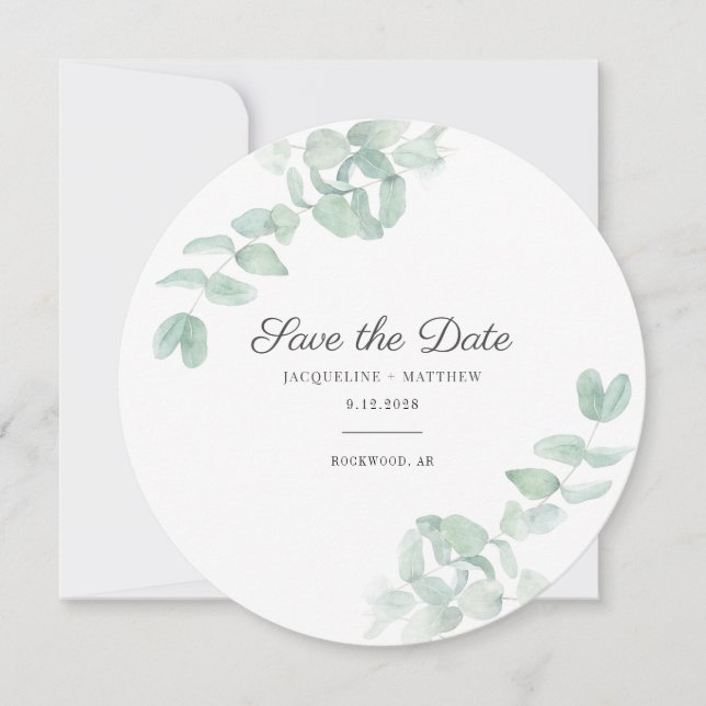 Folhas de Eucalipto Elegantes Verde Save the Date (Frente)