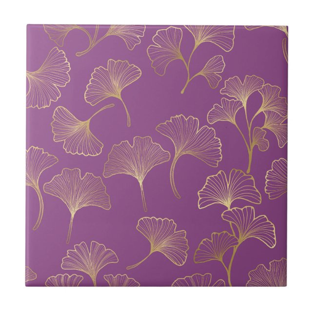 Folhas de Ginkgo Douradas de Luxo em Roxo Fundo (Frente)