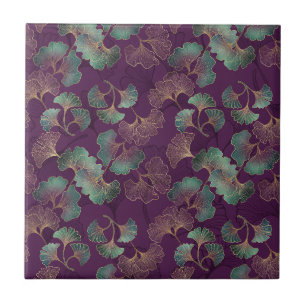 Folhas de Ginkgo Douradas em Padrão Botânico Roxo