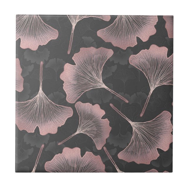 Folhas de Ginkgo Rosa Elegantes em Fundo Preto (Frente)