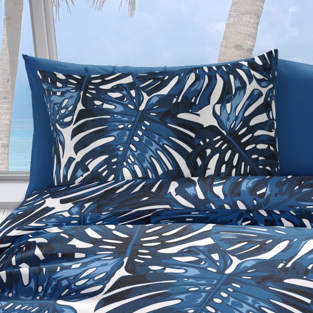 Folhas de Marinho Tropical Azul da Junta Branca (Navy blue palm leaves pattern pillow case)