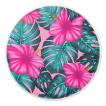 Folhas de Monstera e Hibiscus Teal e Rosa a Rosa