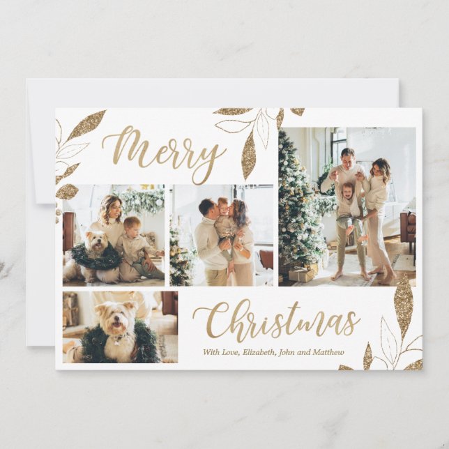 Folhas de Ouro Elegantes para Cartão de Natal de C (Frente)