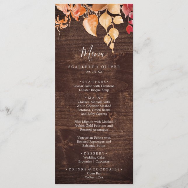 Folhas de outono | Menu Rustic Brown Wood Weding (Frente)