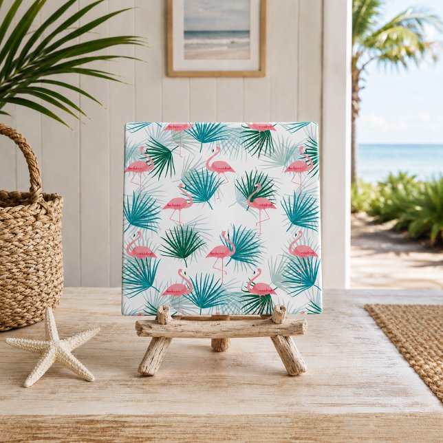 Folhas de Palmeira Tropical de Flamingos (pink flamingos and palmetto leaves tropical foliage decorative ceramic tile displayed on easel)