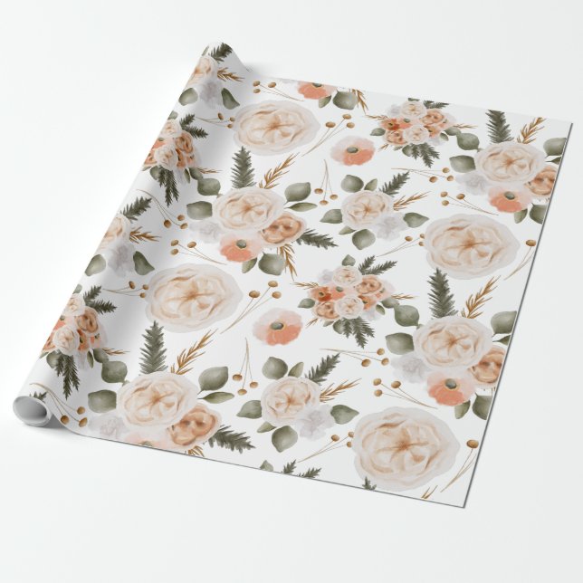 Folhas de Papel de Embrulho Floral de Pêssego (Desenrolado)