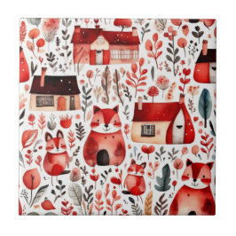 Folhas de papel vermelhas e casas fofas