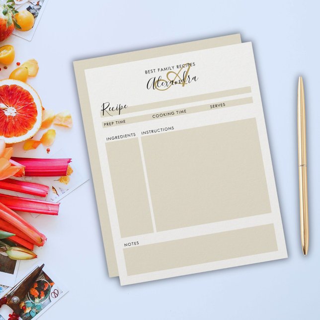 Folhas de Receitas de Script Dourado Preto Moderno (Elegant Monogram Black Gold Modern Recipe Sheet)