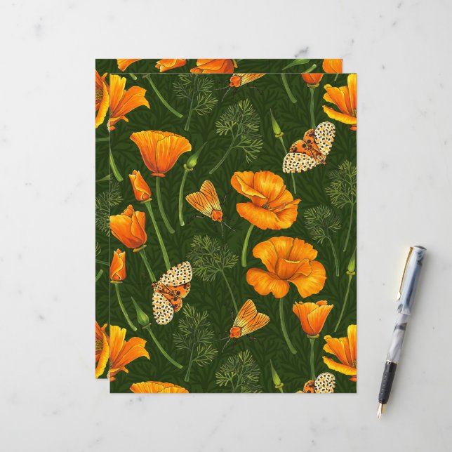 Folhas e mariposas da Califórnia em verde escuro (Frente/Verso In Situ)