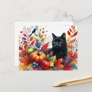 Folhas Laranjas de Outono e Cartão Postal de Gato 