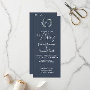 Folhas rústicas em programa de casamento azul-mari