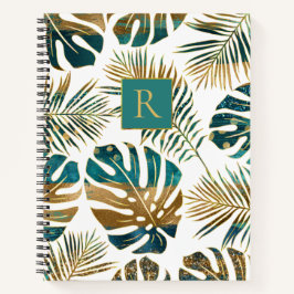 Folhas tropicais com padrão de tetos e ouro, monog