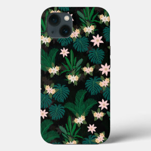 Folhas Tropicais e Flores Padrão Preto