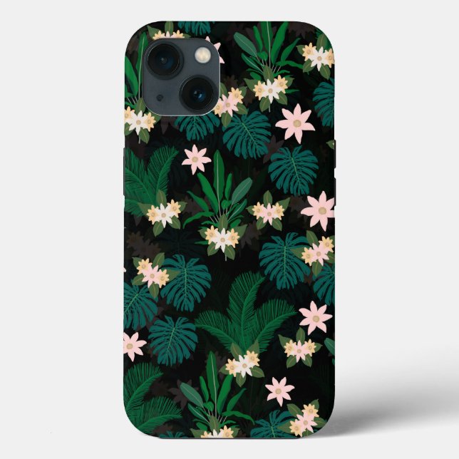 Folhas Tropicais e Flores Padrão Preto (Verso)
