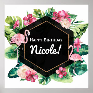 Folhas Tropicais Hibiscus Flamingos Banner Poster